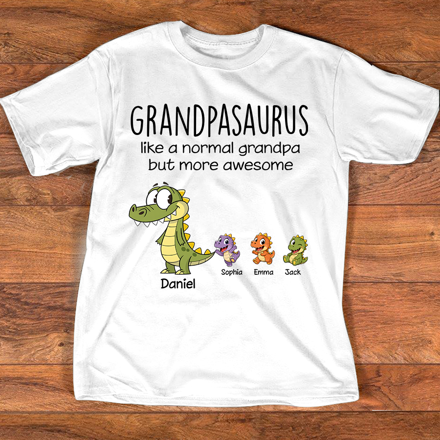 Personalized Grandpasaurus Dinosaur Shirt with Custom Kids Names, Funny Grandpa Family T Shirt for Papa Grandfather, Father's Day Birthday Gift