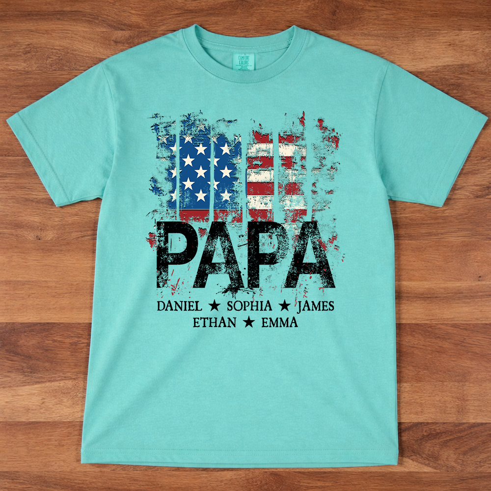 Comfort Colors® Papa American Flag Shirt With Name, Personalized Dad T Shirt Patriotic Style