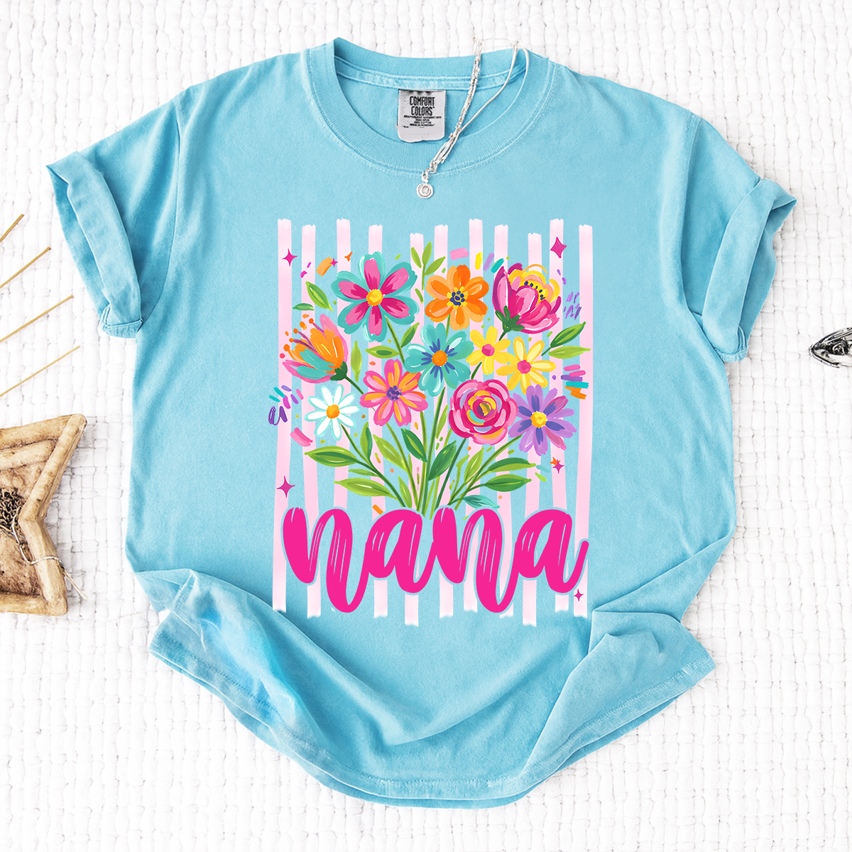 Comfort Colors® Custom Striped Wildflowers Nana Shirt, Trendy Ditsy Floral Gift for Grandma And Kids