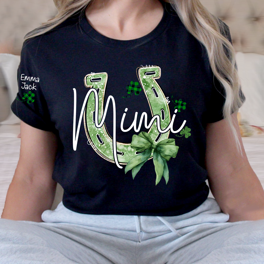 Mimi St Patrick’s Day Shirt, Lucky Horseshoe Shamrock Family T Shirt, With Grandma And Kids Names