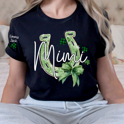 Mimi St Patrick’s Day Shirt, Lucky Horseshoe Shamrock Family T Shirt, With Grandma And Kids Names
