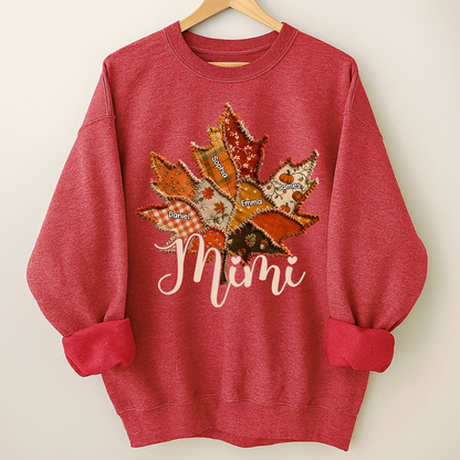 Personalized Mimi Fall Sweatshirt, Custom Grandkids Names Leaf Patchwork Sweatshirt, Autumn Grandma Gift, Cozy Thanksgiving Outfit