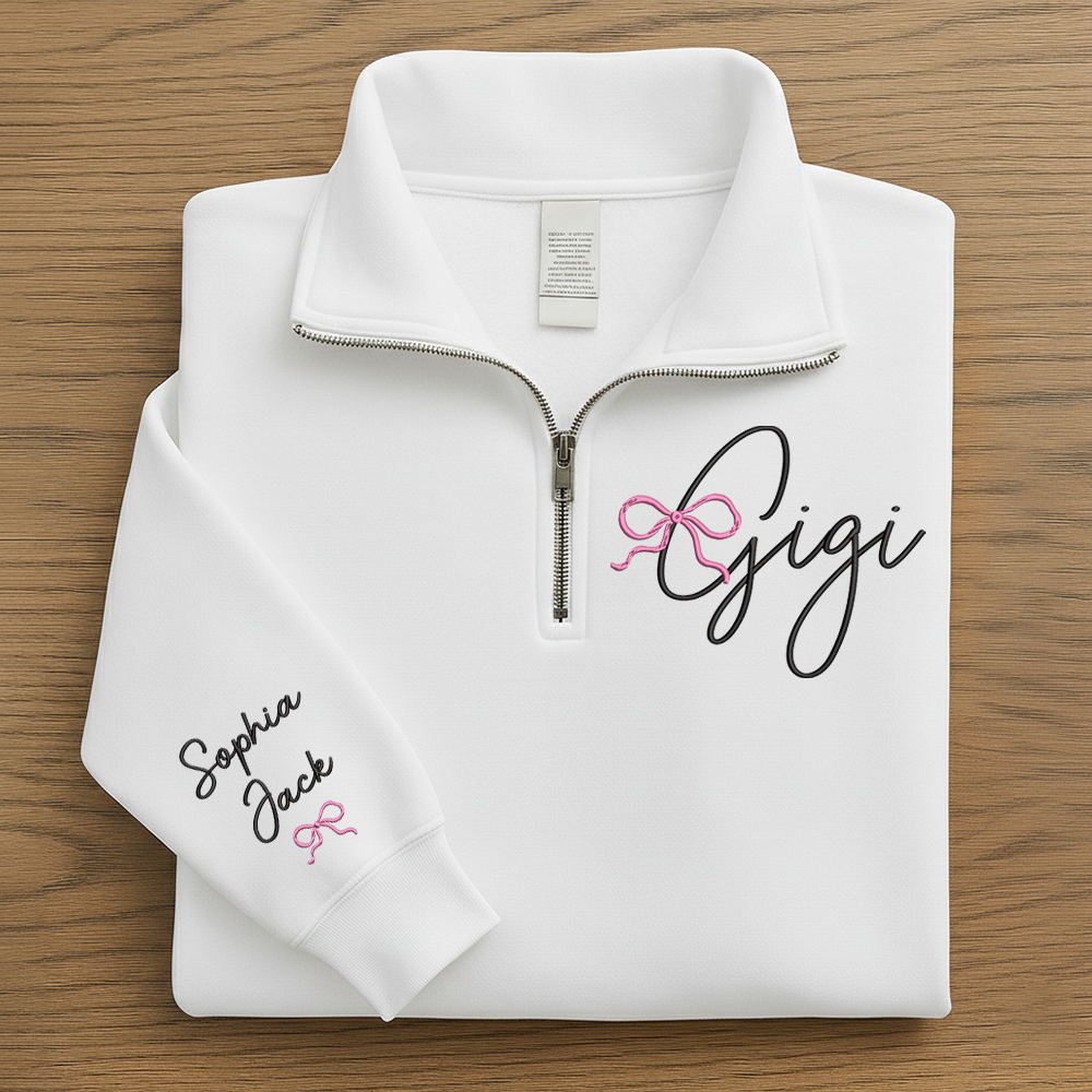 Custom Gigi Embroidered Quarter Zip – Personalized Sweatshirt For Grandma Or Gigi With Kids Names And Pink Bow Design