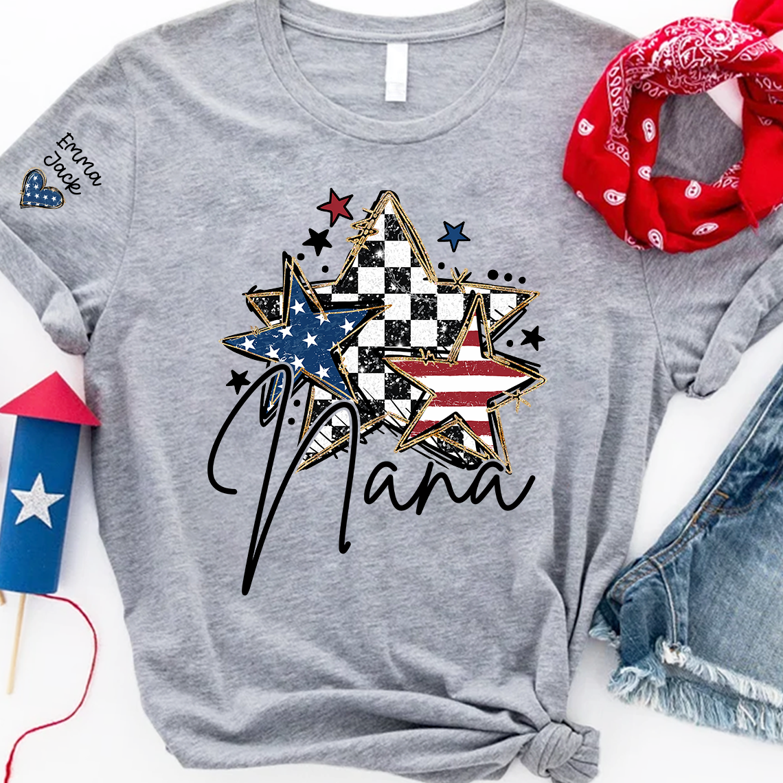 Custom Nana Flag Star T-shirt, Grandma Shirt with Kids, Mother's Day Gift for Grandma
