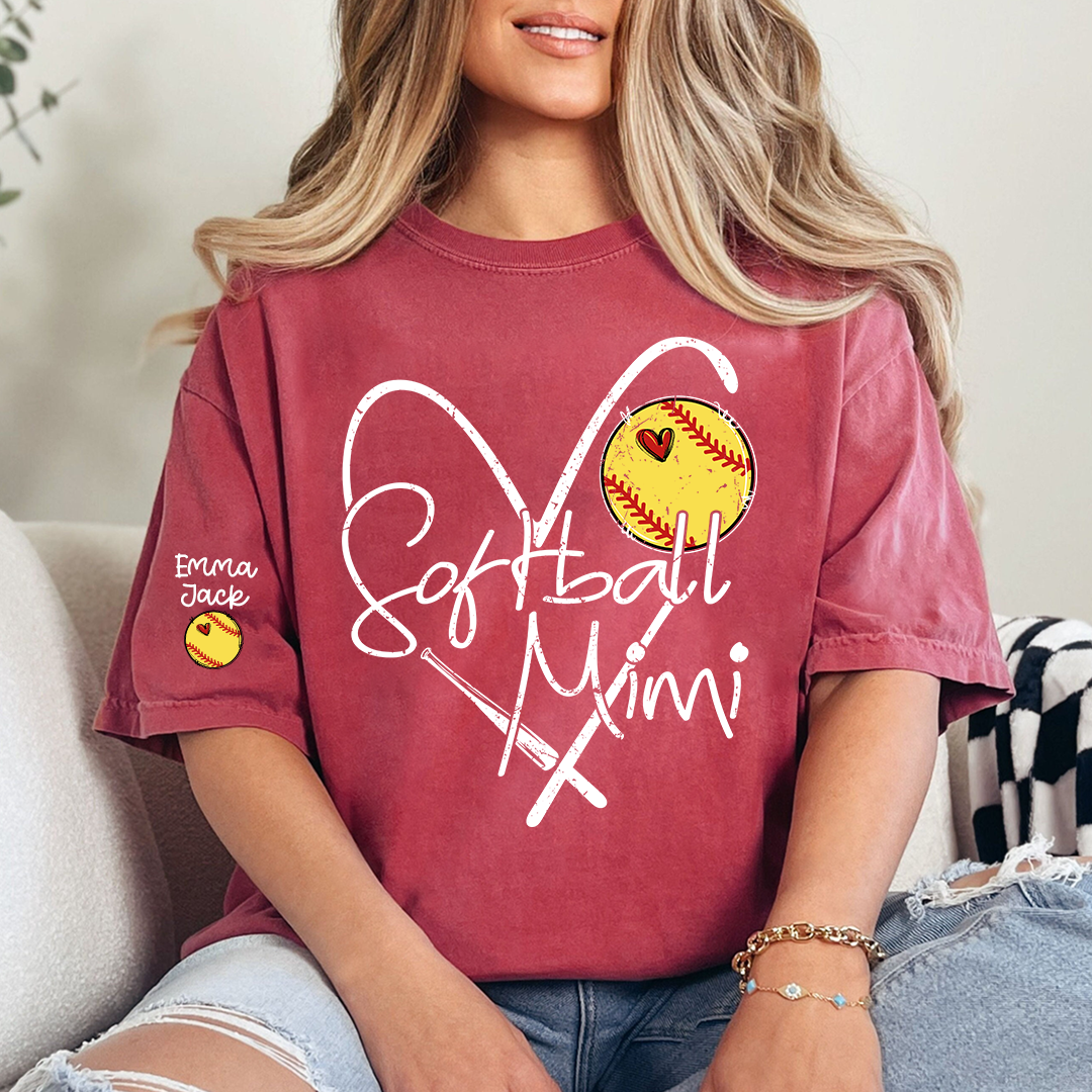 Softball Mimi Shirt Personalized with Grandkids Names, Heart and Bat Sports Family T Shirt