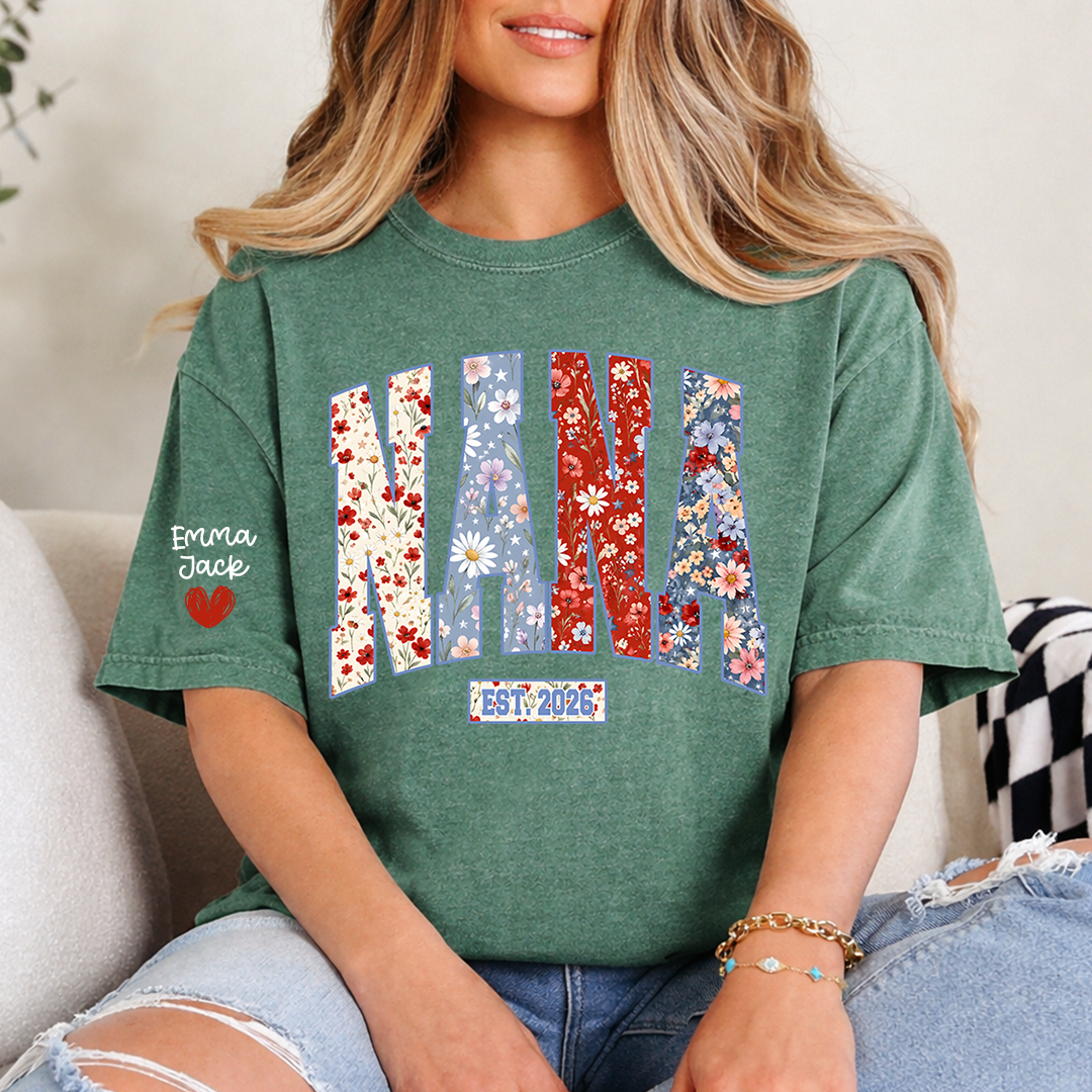 Personalized Nana 4th July Independence Day American, Floral American FlagT-Shirt, Patriotic Gift For Grandma And Kids