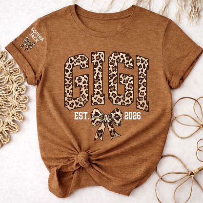 Custom Leopard Gigi, Personalized Heart T-shirt For Grandma And Kids