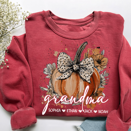 Custom Grandma Pumpkin Shirt, Cozy Autumn Sweatshirt with Kids Names
