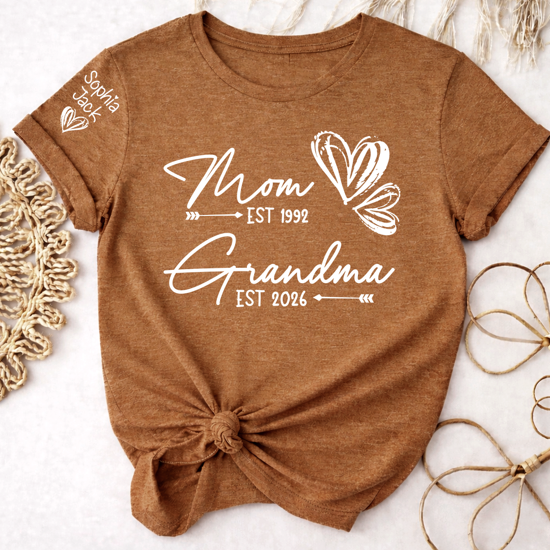 Personalized Heart T-shirt For Mom And Grandma, Founding Year With Name, Family Gift