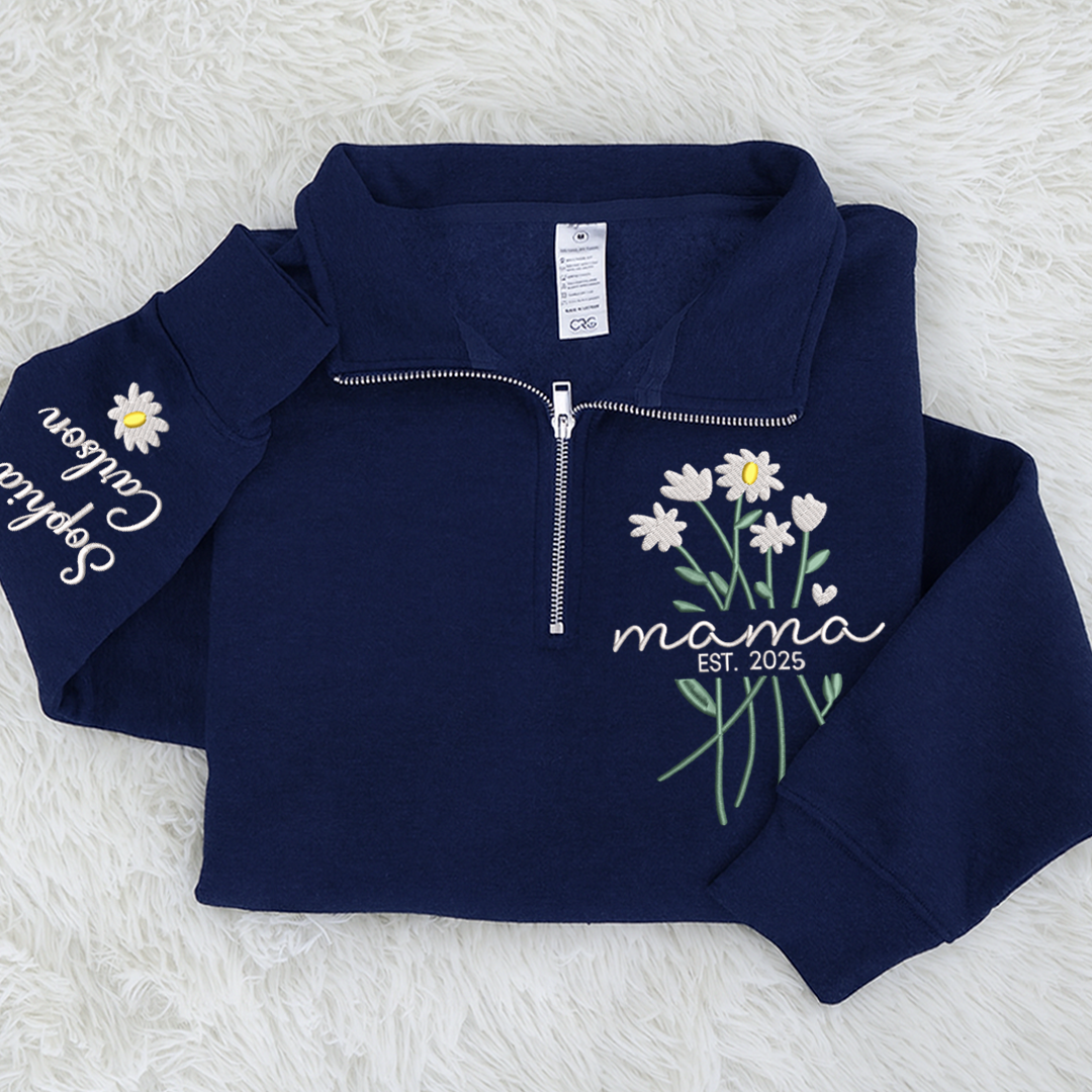 Custom Embroidered Mama Sweatshirt – Quarter Zip Floral Pullover for Mom