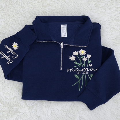 Custom Embroidered Mama Sweatshirt – Quarter Zip Floral Pullover for Mom