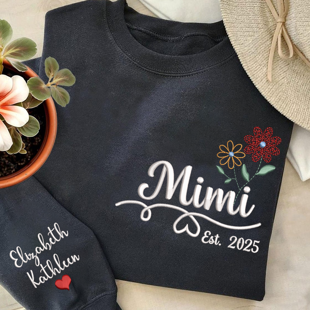 Personalized Embroidered Name Sweatshirts with Flowers, Gifts For Grandma And Kids