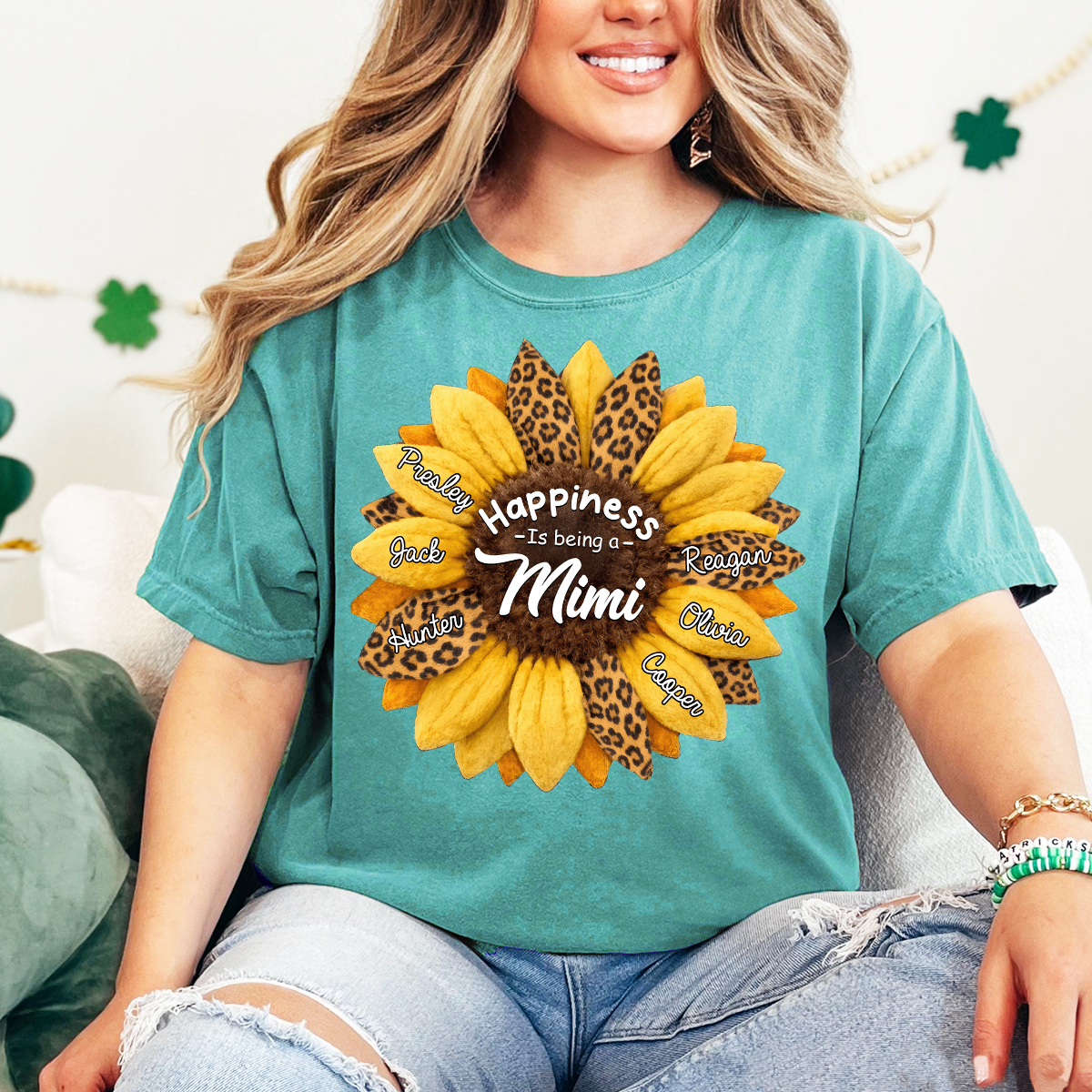 Custom Grandma Shirt, Personalized Sunflower Leopard Print Tee with Kids' Numbers, Gift for Grandma