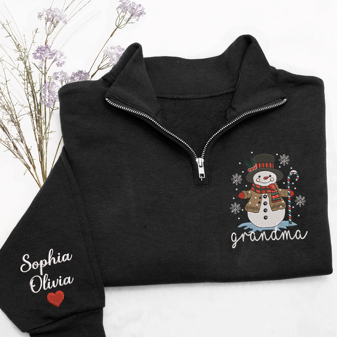 Personalized Grandma Christmas Quarter Zip, Custom Embroidered Snowman Sweater