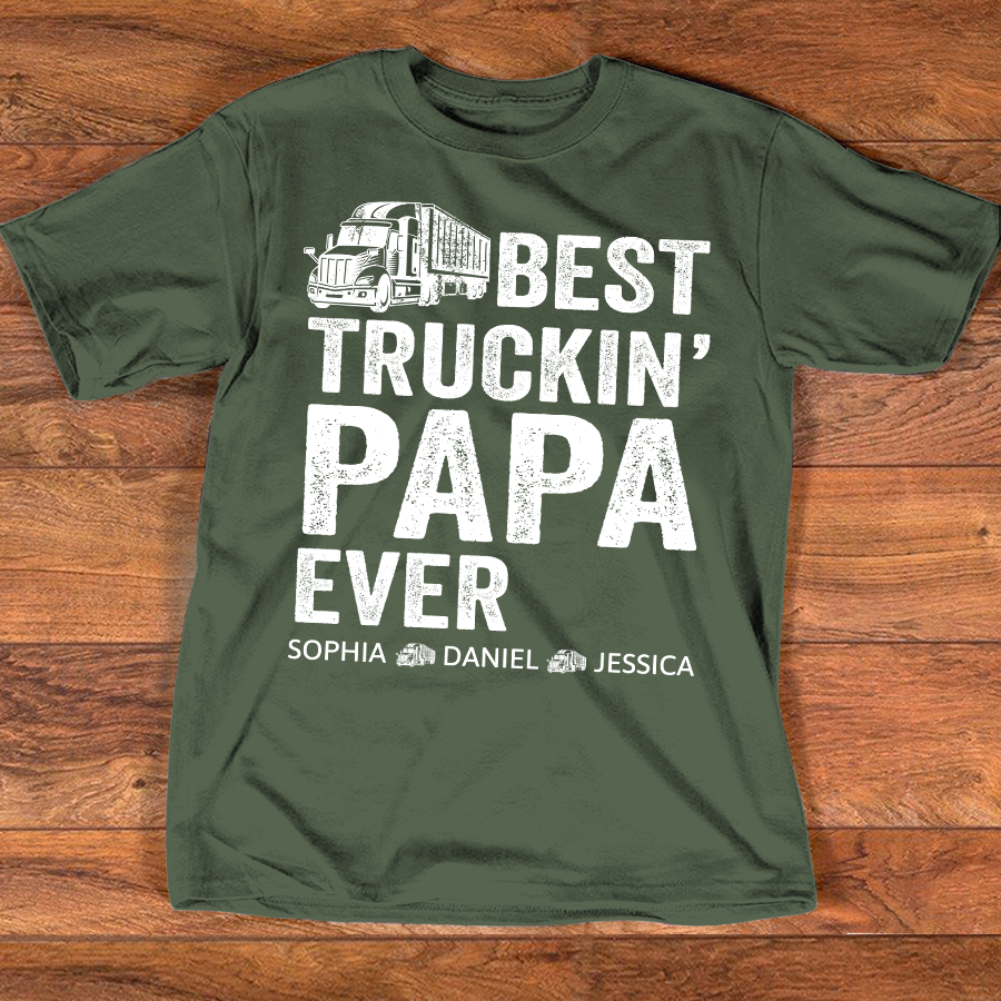 Custom Papa Truck Driver Shirt with Kids Names, Best Truckin' Papa Ever T Shirt, Personalized Family Gift for Trucker Dad