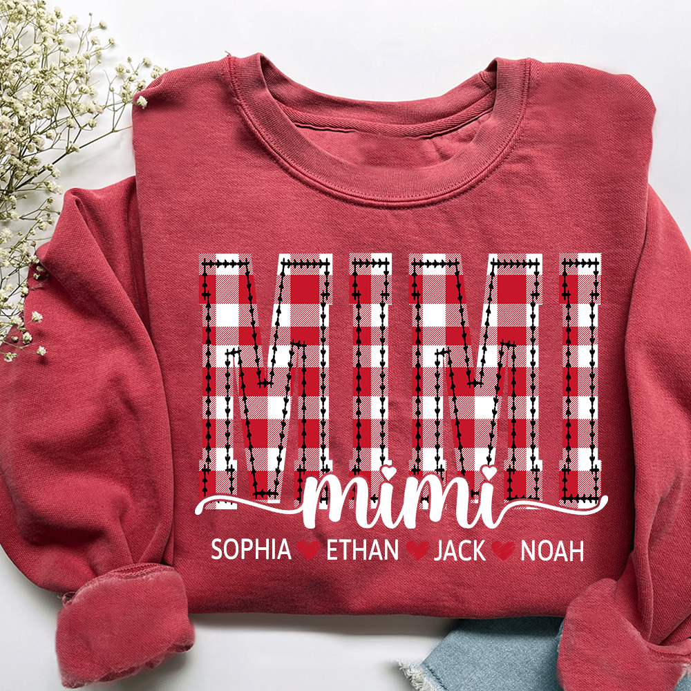 Custom Mimi Sweatshirt, Plaid Christmas Grandma Shirt with Kids Names