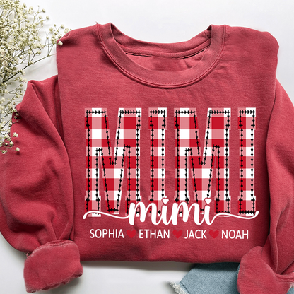 Custom Mimi Sweatshirt, Plaid Christmas Grandma Shirt with Kids Names