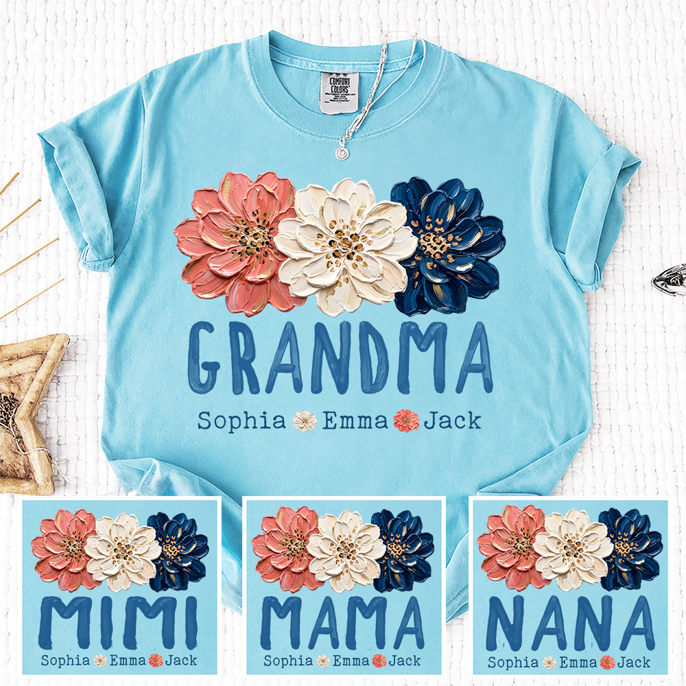 Comfort Colors® Patriotic Floral Grandma T-Shirt, Personalized Nana Mimi Mama Shirt with Kids Names, 4th of July Independence Day Gift