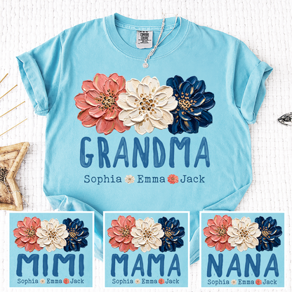 Comfort Colors® Patriotic Floral Grandma T-Shirt, Personalized Nana Mimi Mama Shirt with Kids Names, 4th of July Independence Day Gift