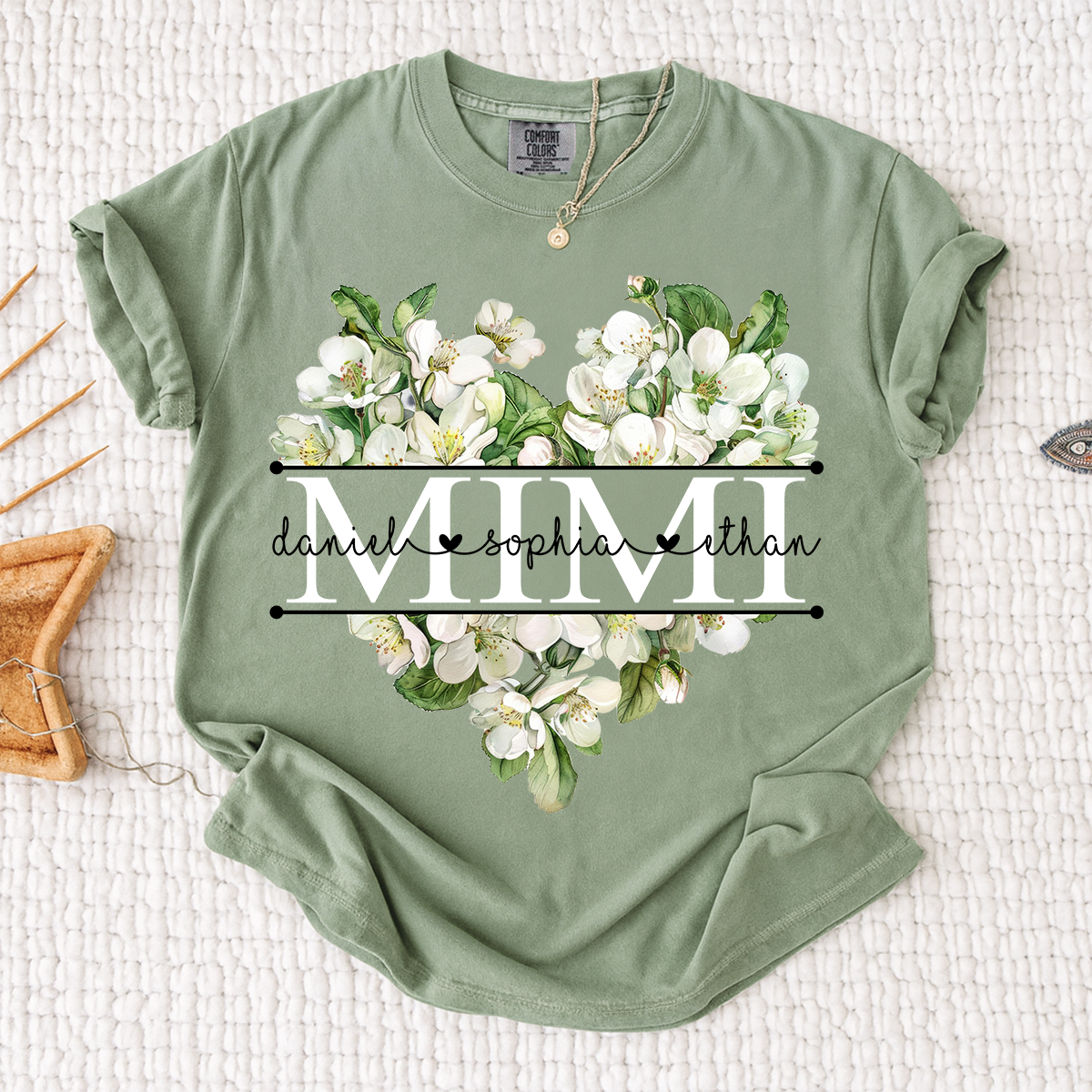 Comfort Custom Mimi T Shirt with Grandkids Names, White Floral Heart Family Tee
