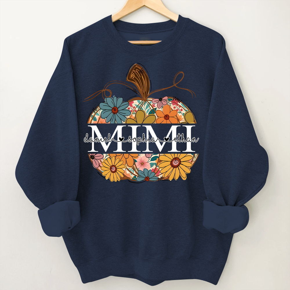 Custom Mimi Pumpkin Sweatshirt with Grandchildren Names, Personalized Floral Fall Shirt, Grandma Thanksgiving Gift