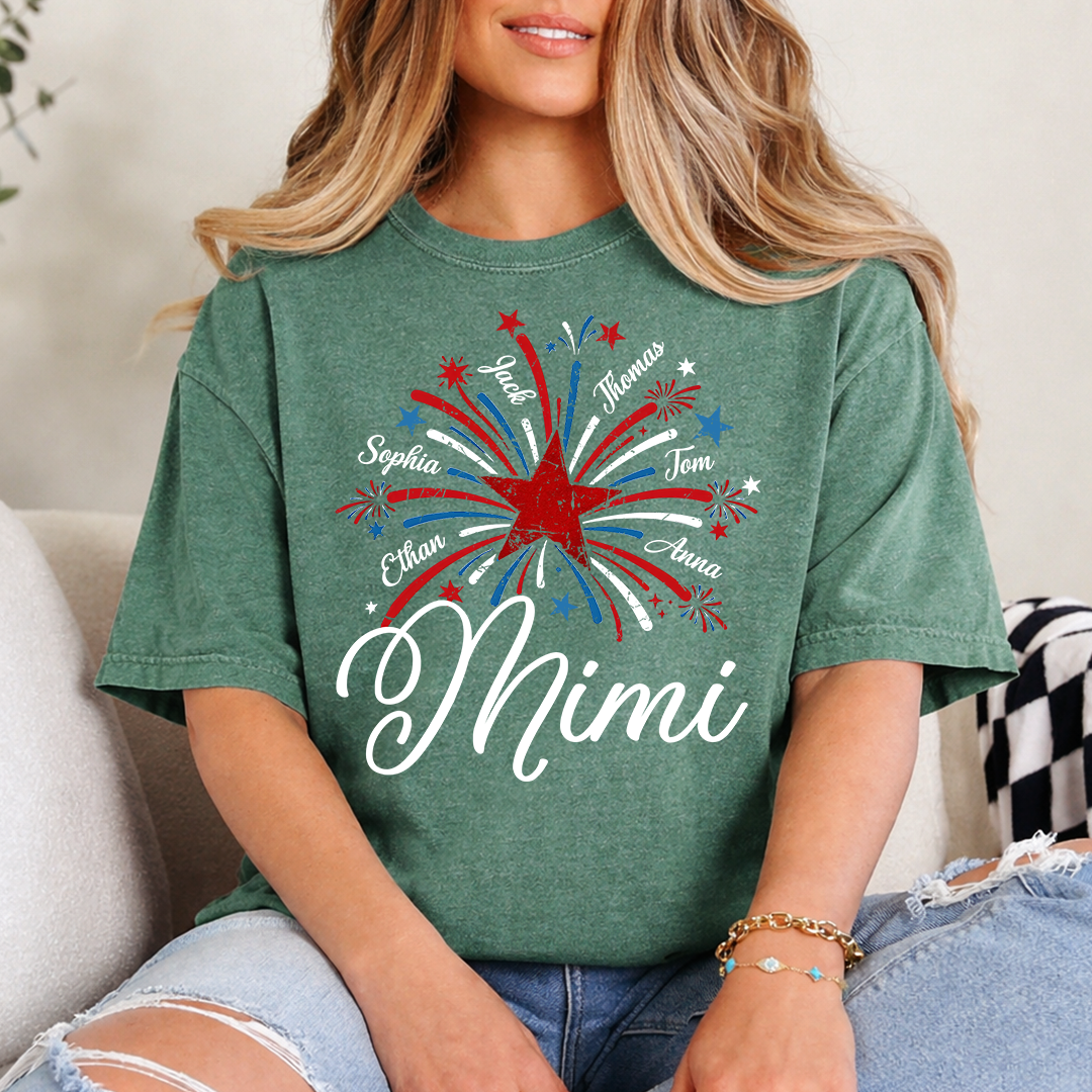 Mimi USA Fireworks Shirt, Custom Family Names for 4th of July or Independence Day Celebration