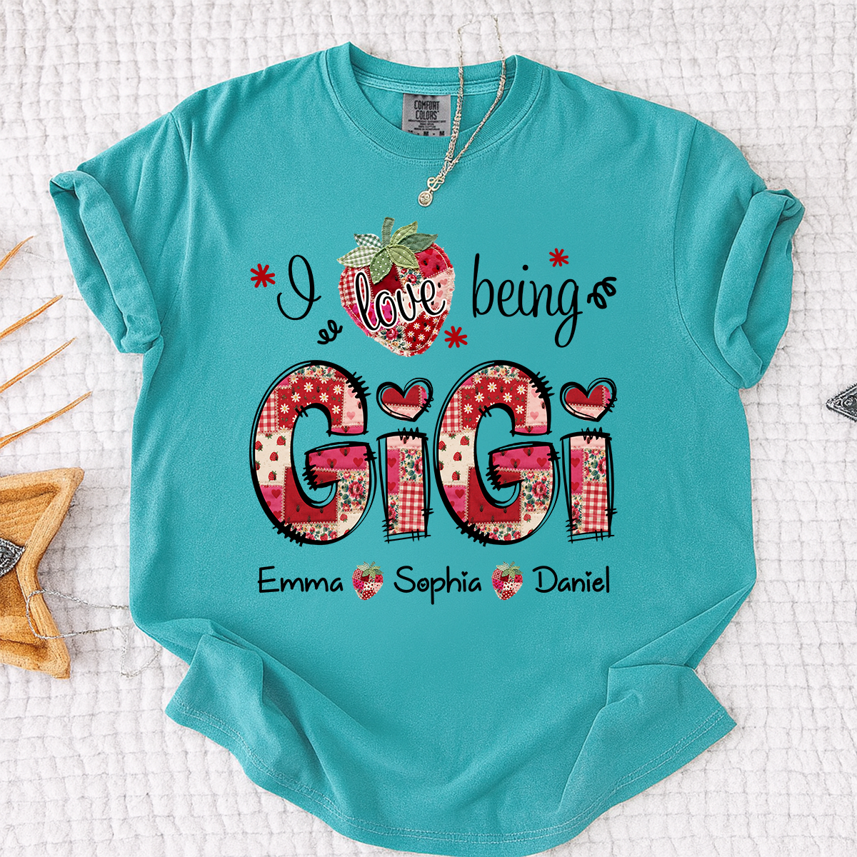 Comfort Colors Personalized I Love Being Gigi Shirt, Custom Grandma Strawberry Patchwork Tee with Names, Gift for Grandma