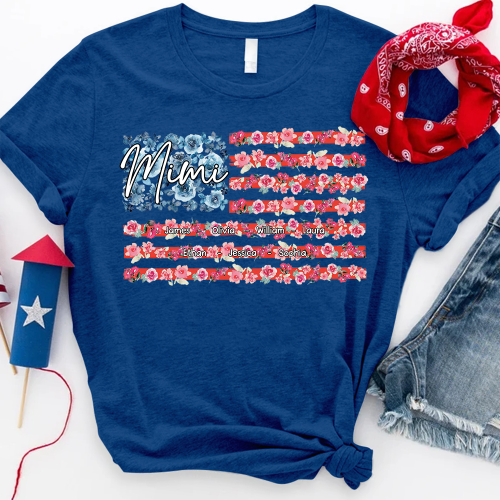Personalized Mimi Shirt with Floral American Flag, Custom Grandkids Names T Shirt, Patriotic Gift for Mimi