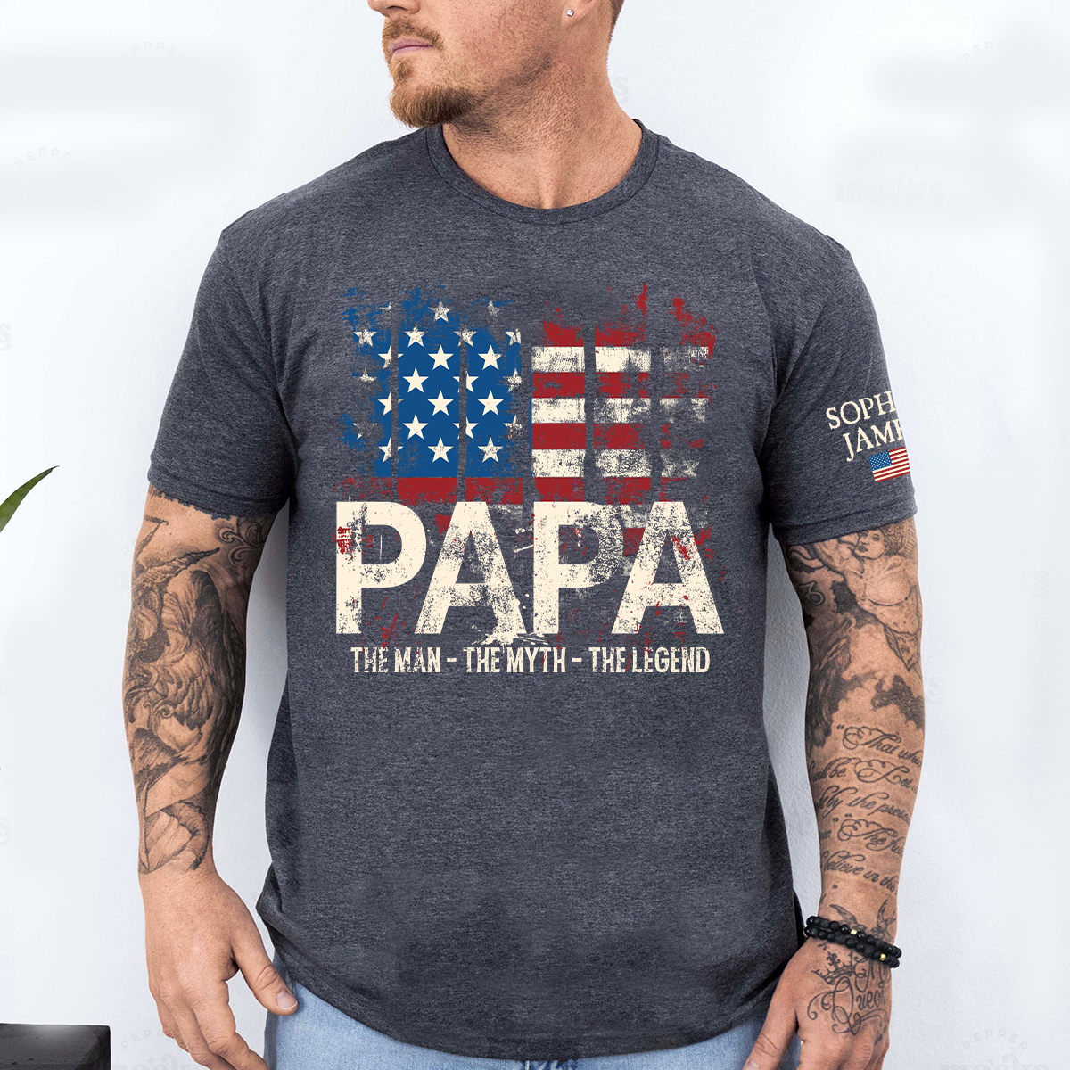 Custom Papa T-Shirt with USA Flag Graphic – Personalized Gift for Father Featuring Kids’ Names