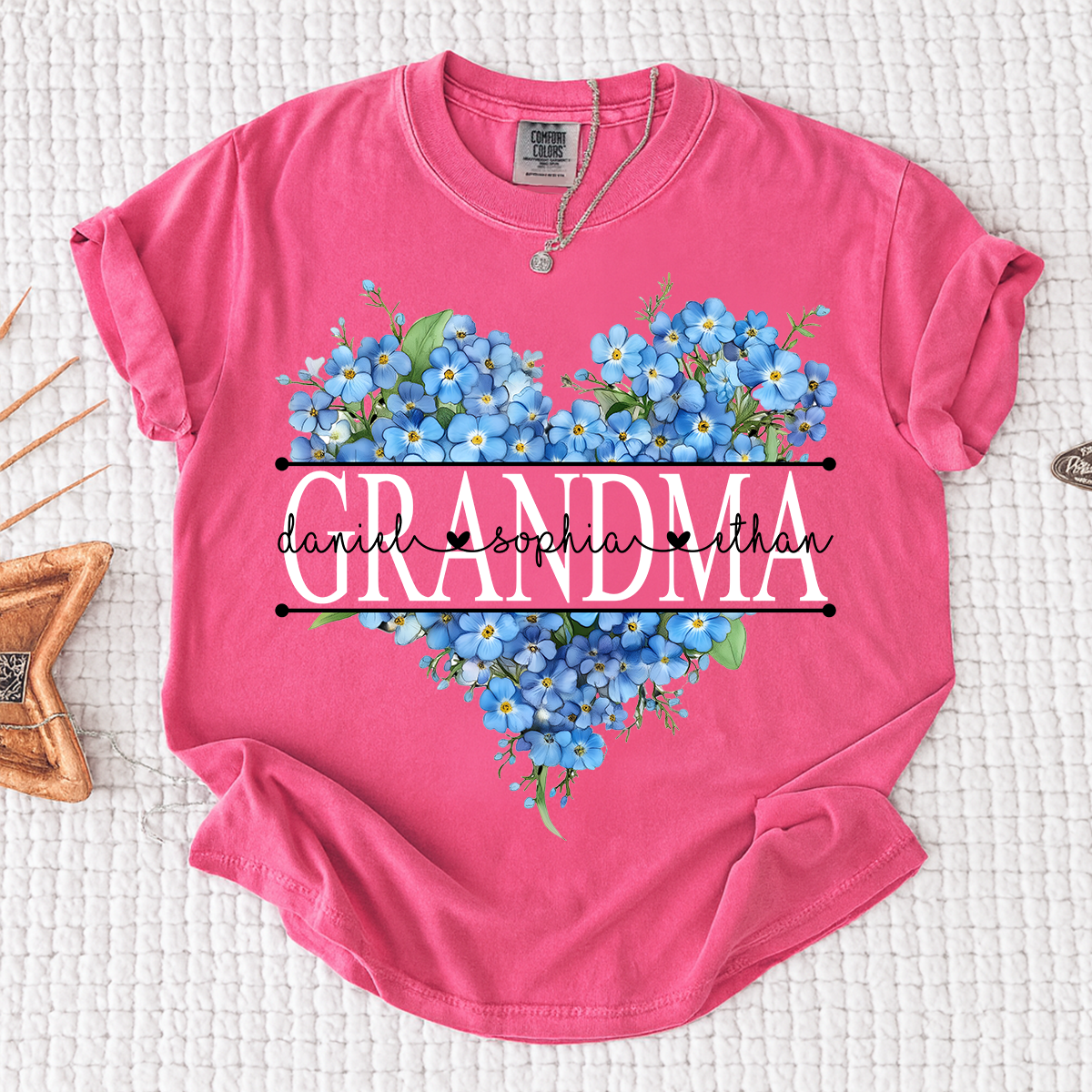 Comfort Mimi Blue Floral Shirt with Custom Grandchildren Names, Heart Family Tee