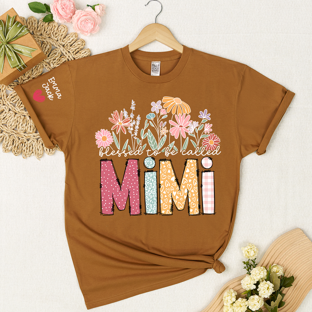 Blessed to Be Called Mimi Shirt Personalized with Grandkids Names, Floral Design