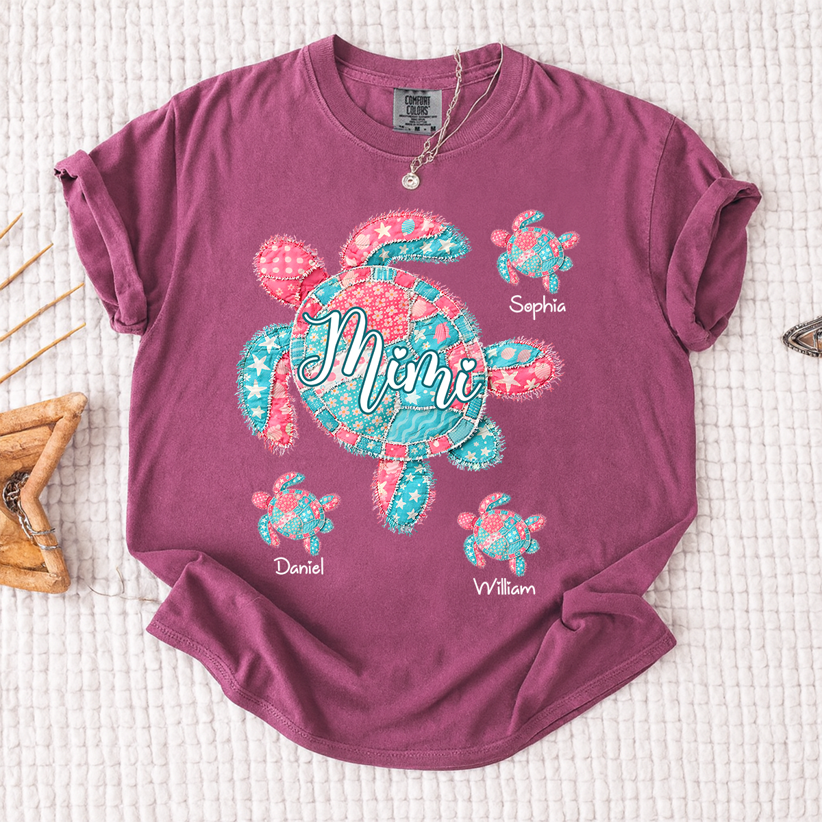 Comfort Colors Mimi Sea Turtle Shirt, Personalized Grandchildren Names T-Shirt, Coastal Grandma Beach Vacation Family Tee