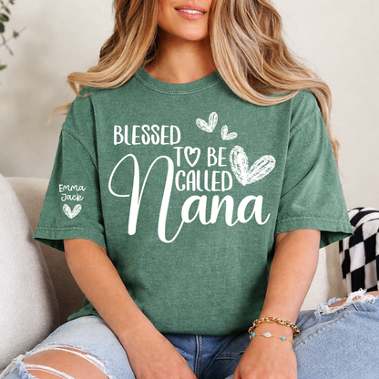 Blessed To Be Called Nana Personalized T-Shirt, Custom Name Nana Tee with Heart Graphic