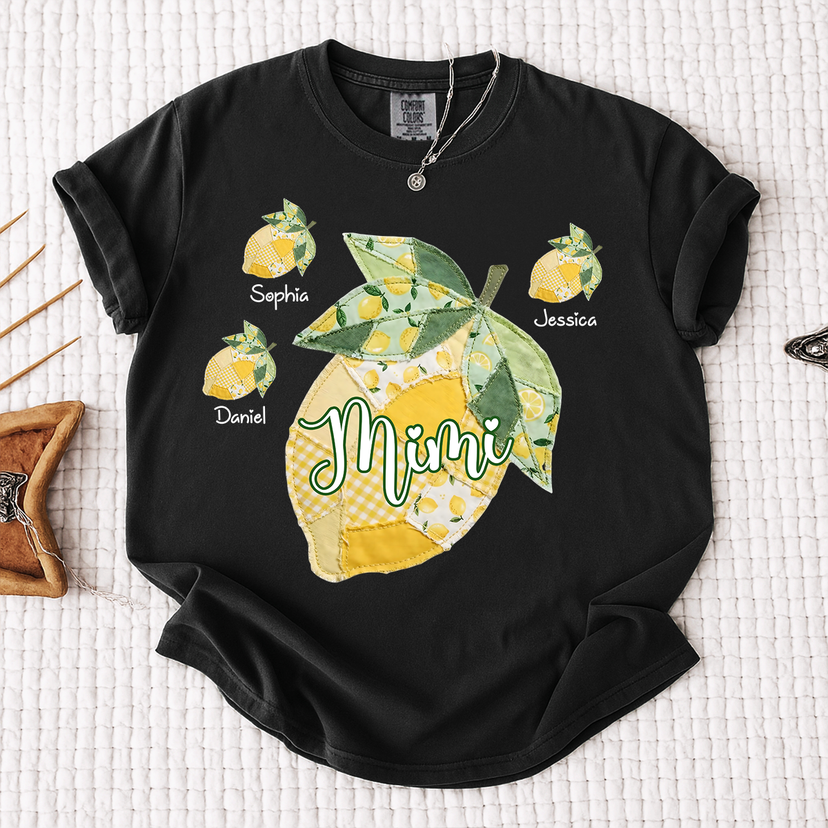 Comfort Colors Personalized Mimi Lemon Shirt with Grandkids Names, Custom Grandma Lemon Patchwork T Shirt for Women, Summer Family Gift