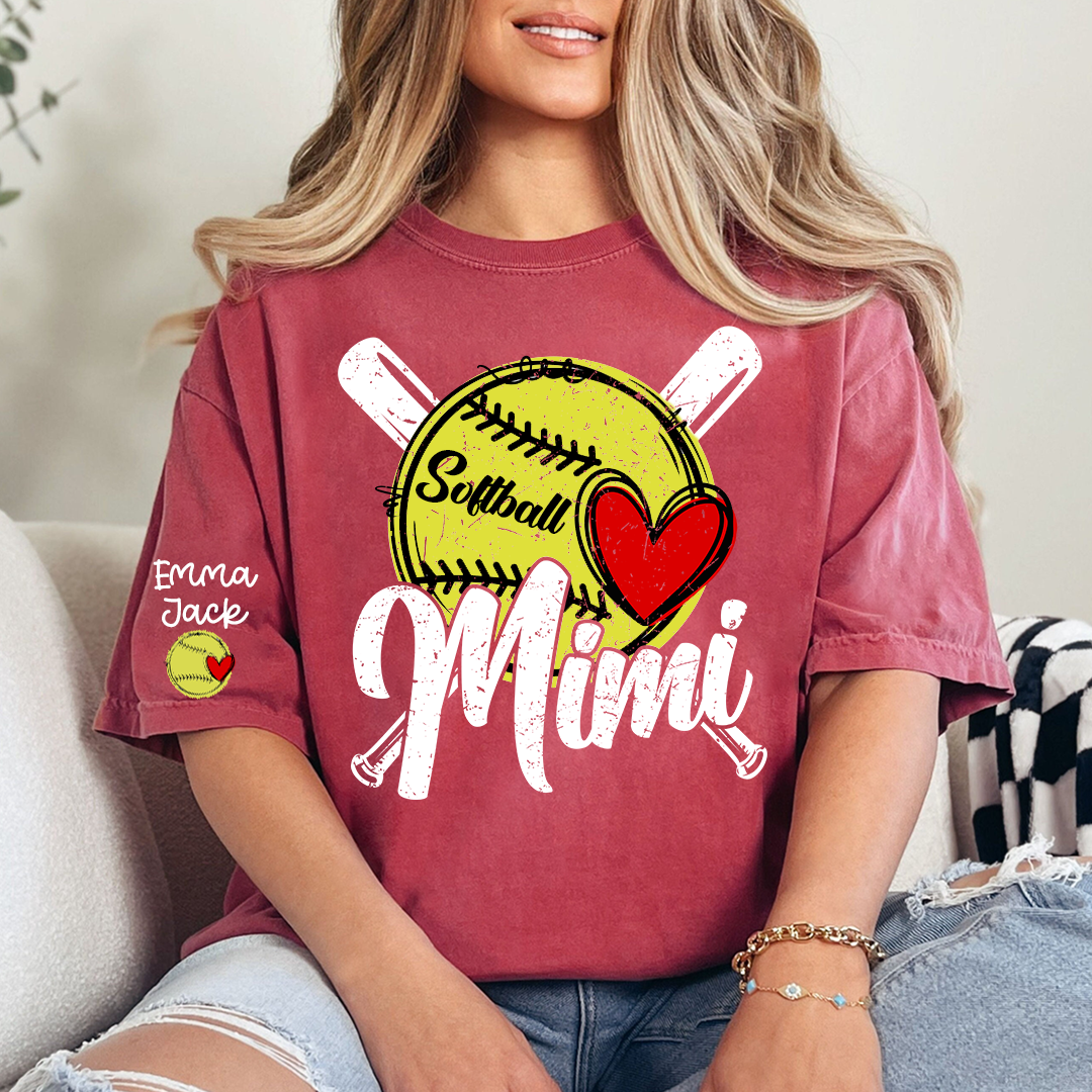 Mimi Softball Shirt with Heart Design, Personalized Family T Shirt with Custom Names