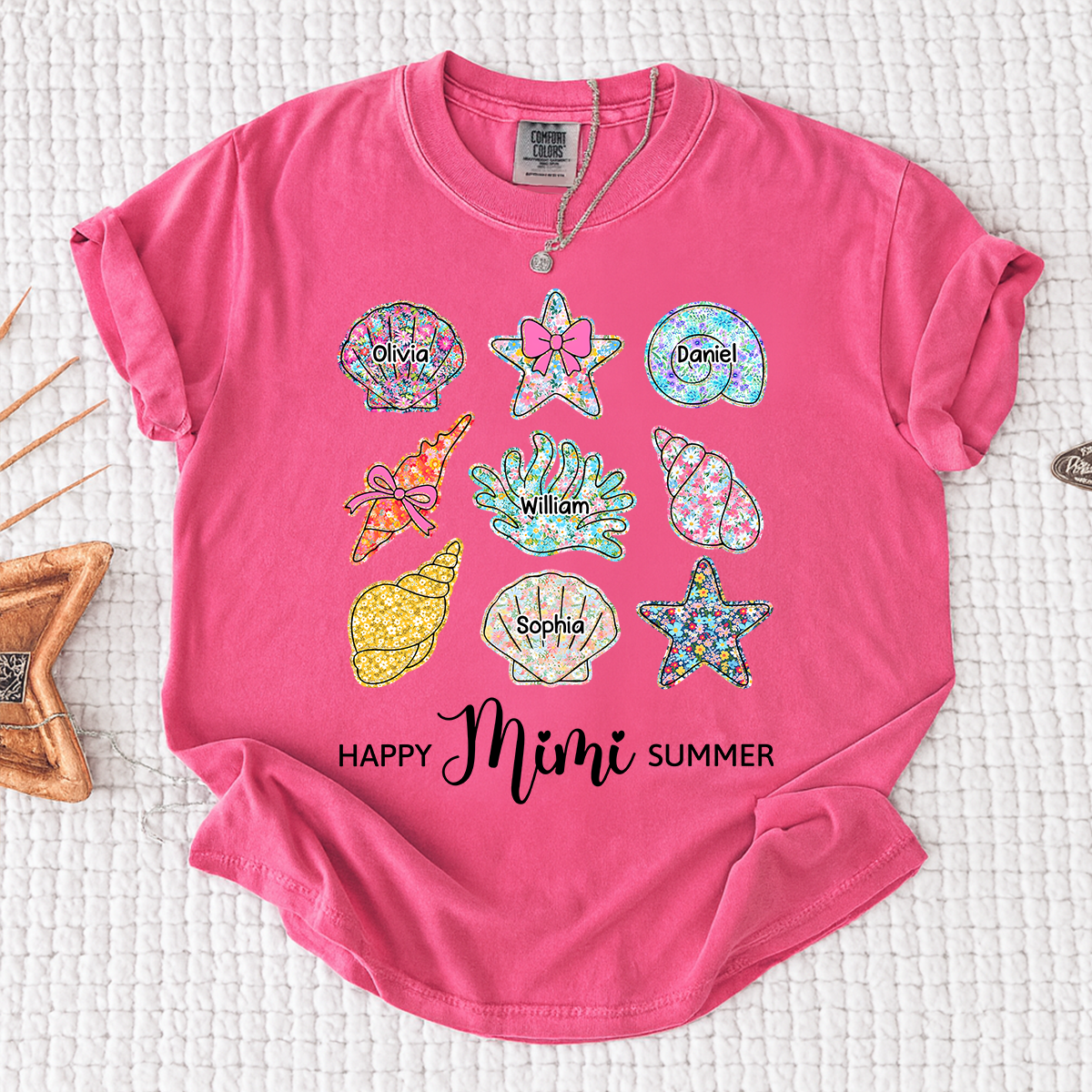 Comfort Colors Personalized Mimi Summer Beach Shirt with Grandkids Names, Custom Grandma Seashell Starfish T Shirt for Women