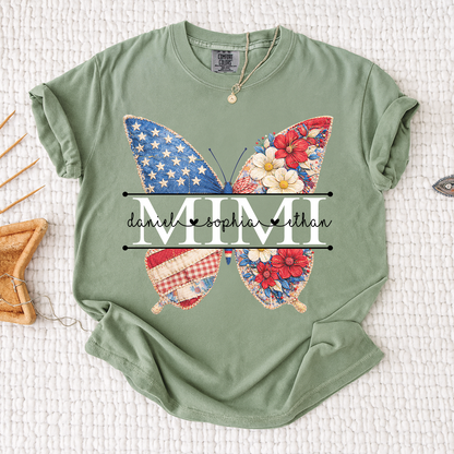 Comfort Personalized Mimi Shirt with Grandkids Names, American Flag and Flower Butterfly Design