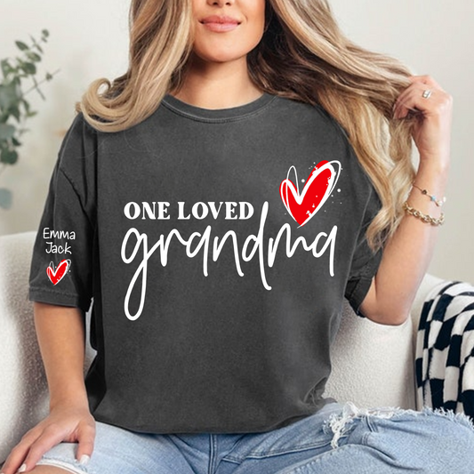 One Loved Grandma T-Shirt, Personalized Grandma T-Shirt with Heart Design and Custom Name