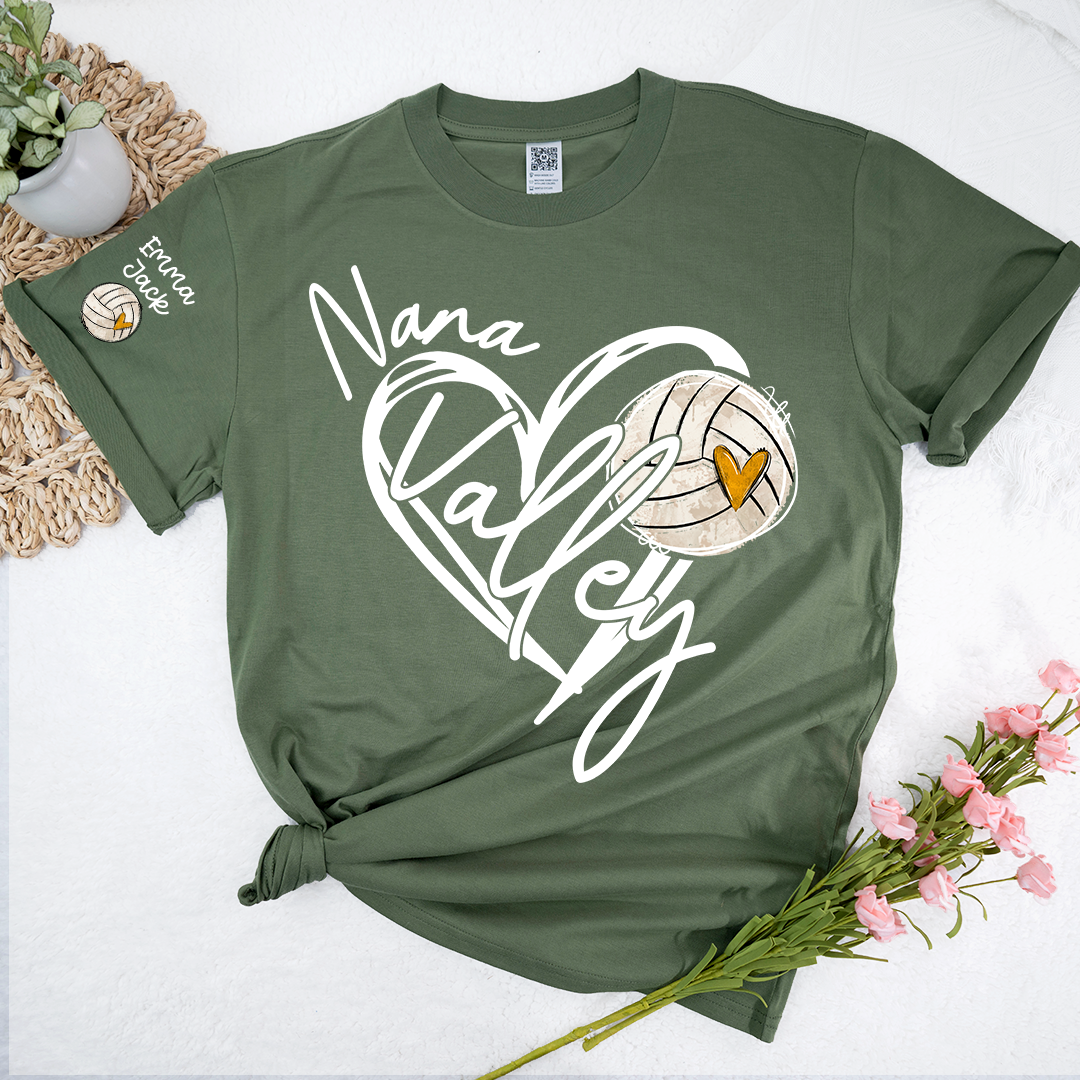Personalized Nana Volleyball T Shirt, Custom Names with Heart and Volleyball Graphic