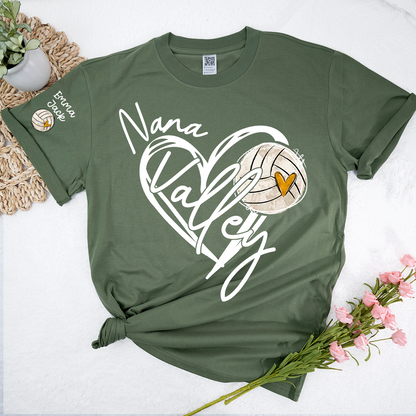 Personalized Nana Volleyball T Shirt, Custom Names with Heart and Volleyball Graphic