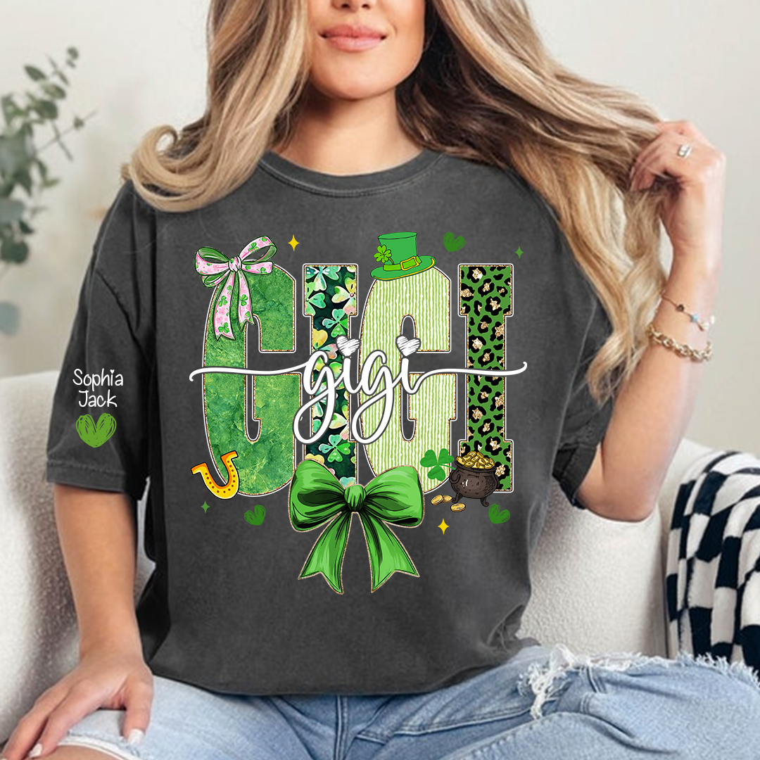 Gigi St Patrick’s Day Shirt, Green Shamrock Bow Family T Shirt, For Gift Gigi And Kids