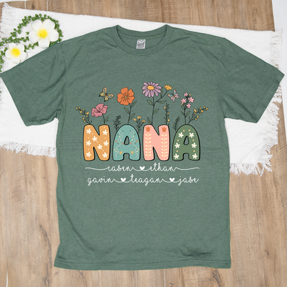 Personalized Floral Nana Shirt, Custom Grandma With Grandkids Mothers Day Gift T-Shirt