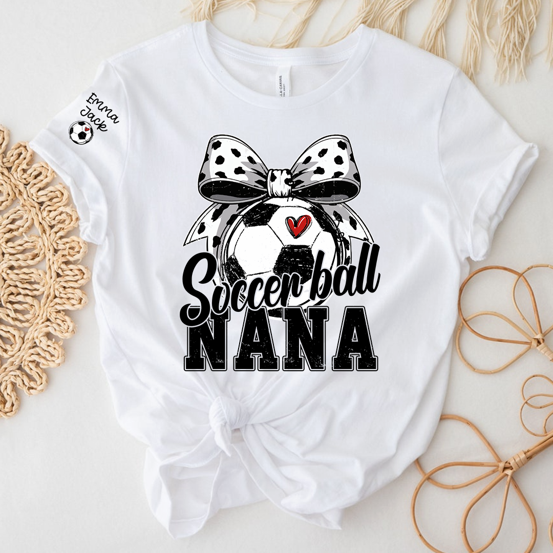 Soccer Nana Shirt Personalized with Grandkids Names, Soccer Ball Bow Family T Shirt