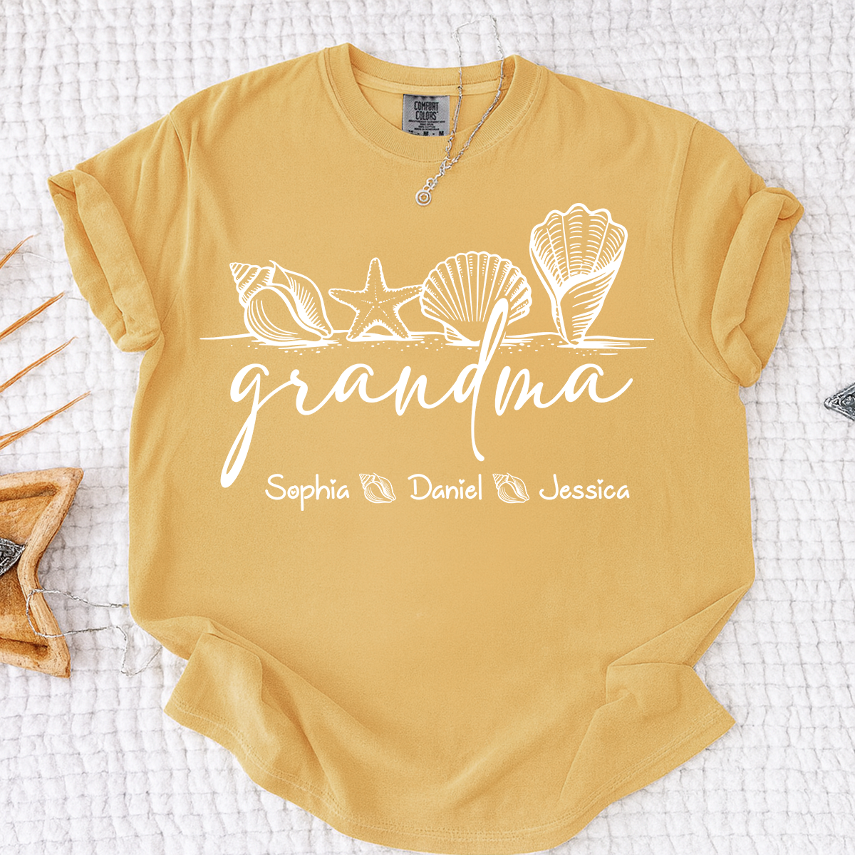 Comfort Colors Custom Grandma Seashell Shirt, Personalized Grandchildren Names Tee, Beach Lover Grandma Gift for Mother's Day and Birthday