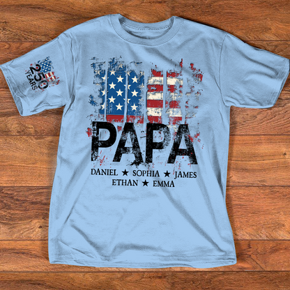 Custom Papa Shirt, 250th Anniversary USA Flag Design, Personalized with Grandkids Names, Patriotic Gift