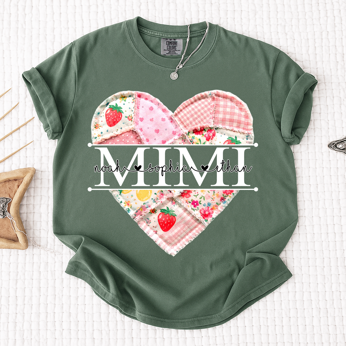 Comfort Colors® Personalized Mimi Heart Patch T-Shirt for Grandma, Custom Family Names Tee