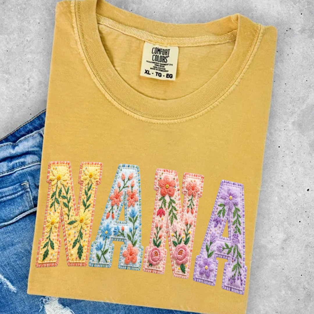 Personalized Nana Shirt Floral Embroidery Design Custom Grandma Mimi Gigi Name Tee with Grandkids Names Vibrant Flower Pattern Family Gift for Women