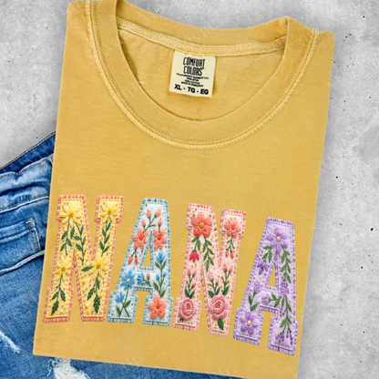 Personalized Nana Shirt Floral Embroidery Design Custom Grandma Mimi Gigi Name Tee with Grandkids Names Vibrant Flower Pattern Family Gift for Women