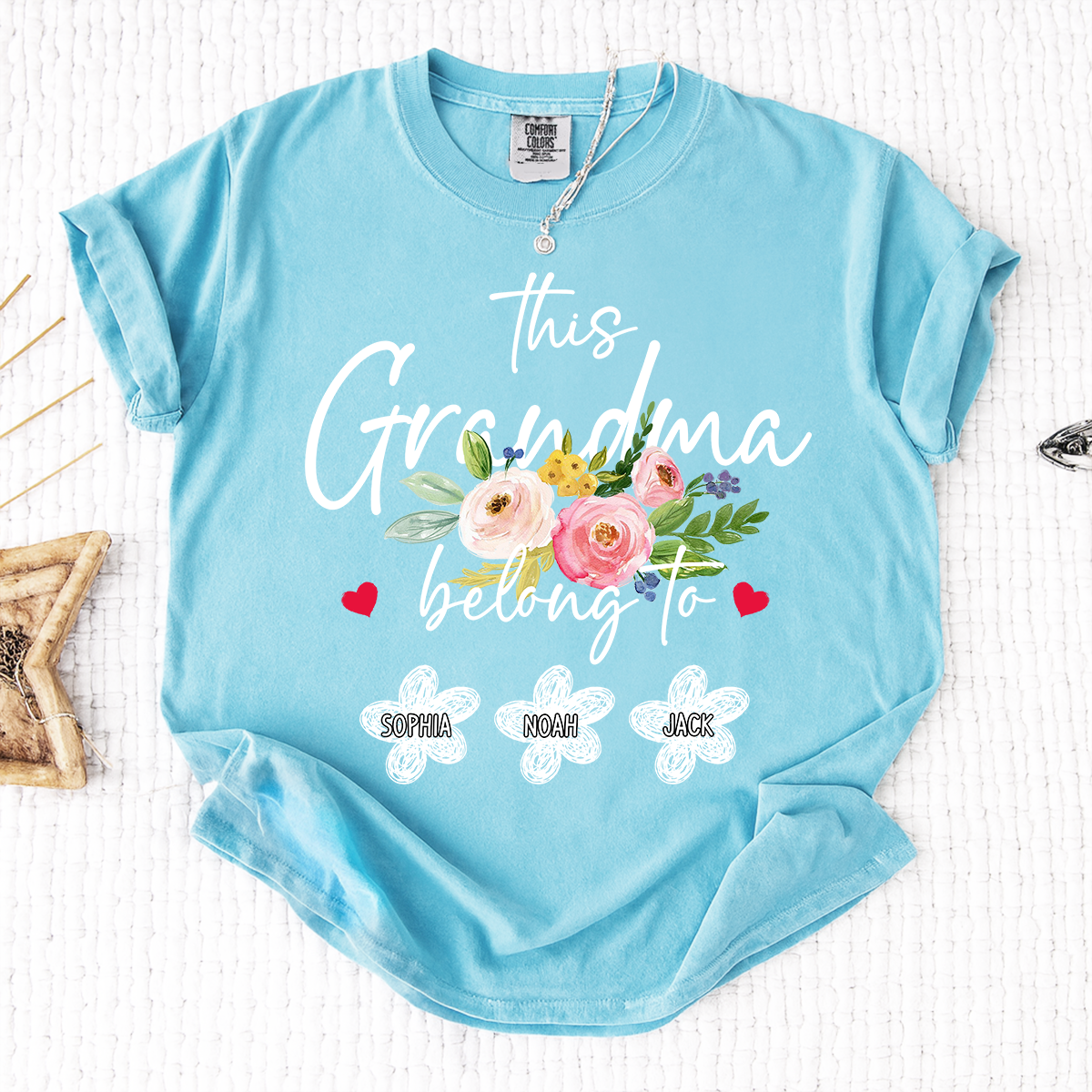 Comfort Colors Custom Grandma T-Shirt, This Grandma Belongs to Personalized with Kids Names and Flower Design