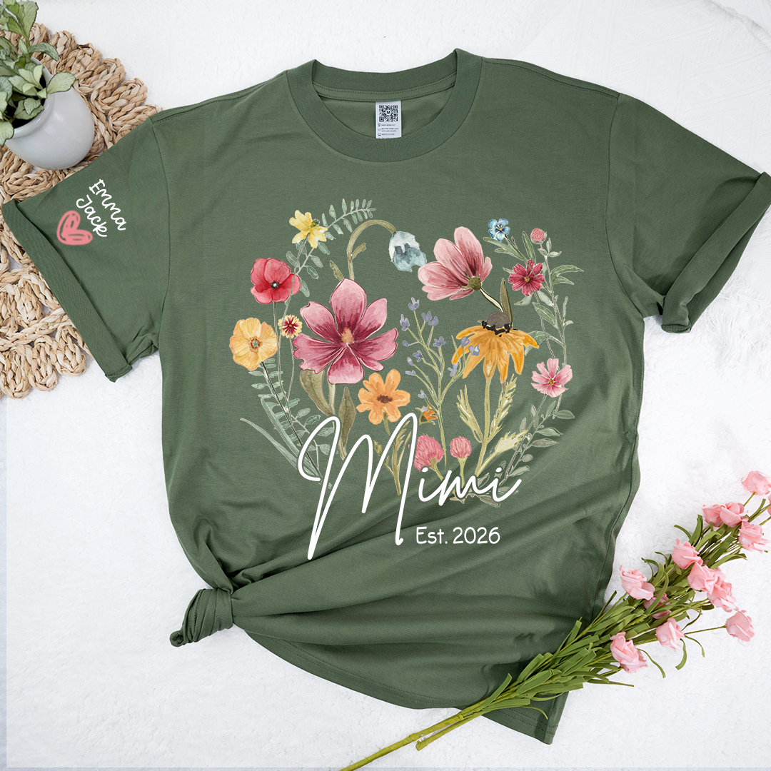 Mimi Est T-Shirt Personalized with Grandkids Names, Wildflower Floral Family Tee